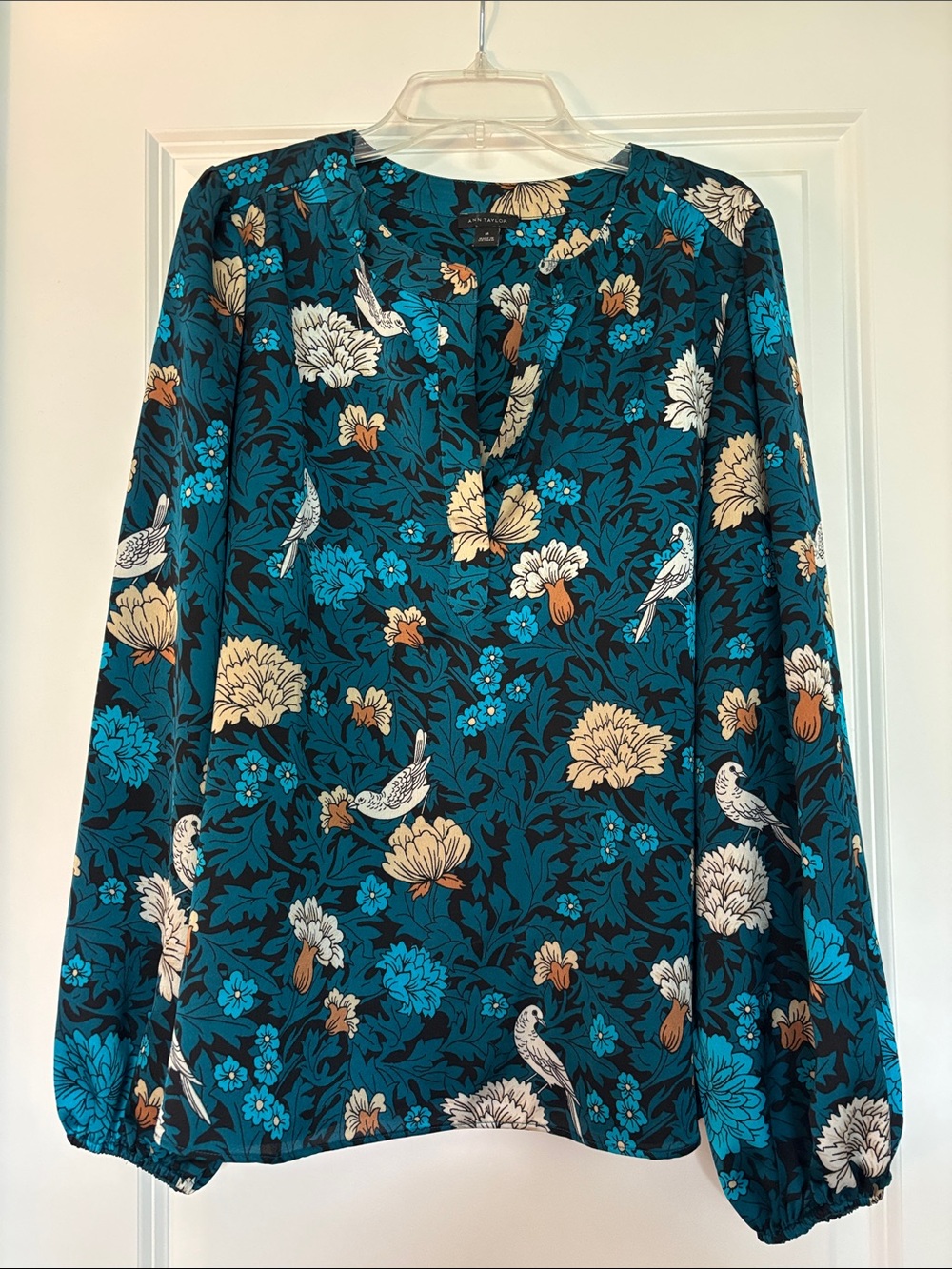 Ann Taylor Teal Floral & Bird-Print Long-Sleeve Blouse